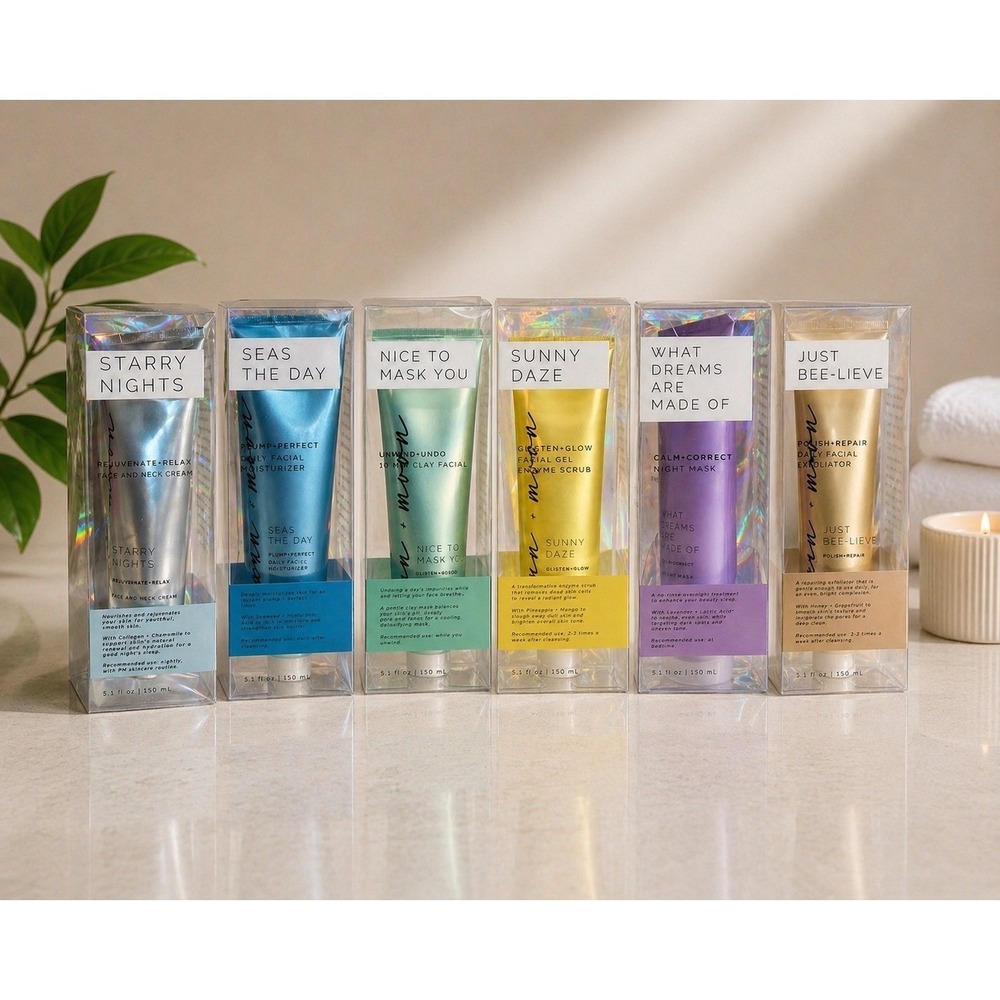 Sun + Moon Skincare Set Night Mask Clay Facial Moisturizer Scrub 6 Piece Bundle